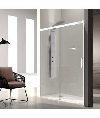 ➤ Mampara frontal fijo y corredera en blanco mate | Modelo Glasé GS102