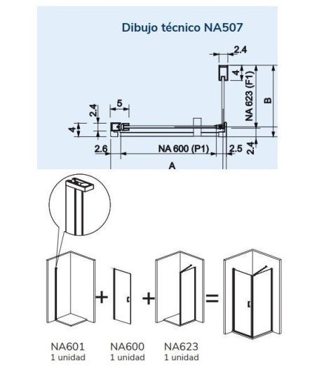 Mampara rectangular abatible más lateral fijo ® Nardi Kassandra NA507