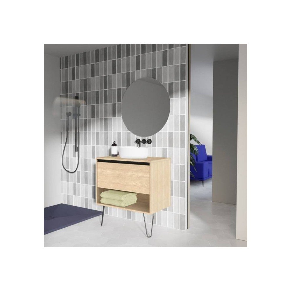 Mueble baño roble arenado- lavabo sobre encimera redondo - Yoko Top