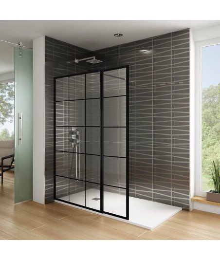 Mampara de baño fija más abatible estilo industrial【Cuadros negros】