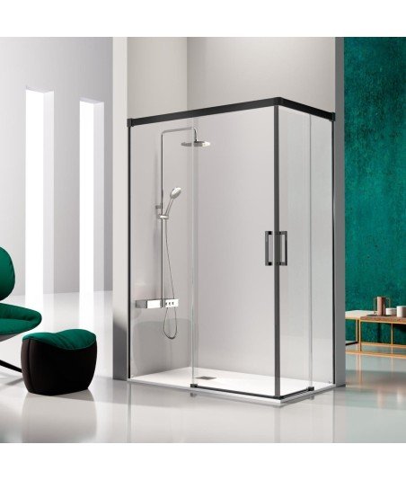 Mampara de ducha 2 fijos y dos correderas negra angular ® Glasé GS607