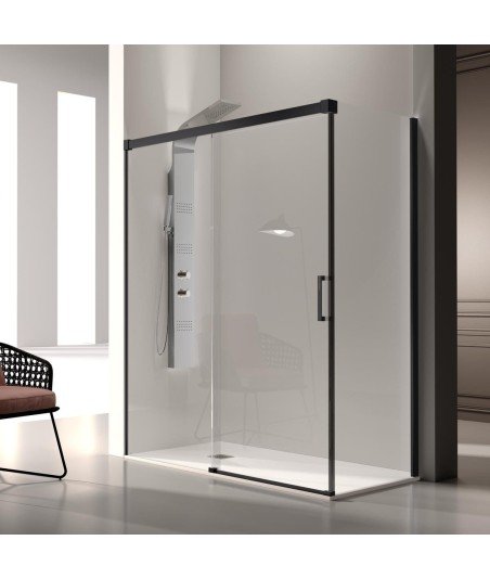 Mampara negra frontal fijo y corredera + lateral fijo ➤ Glasé GS103