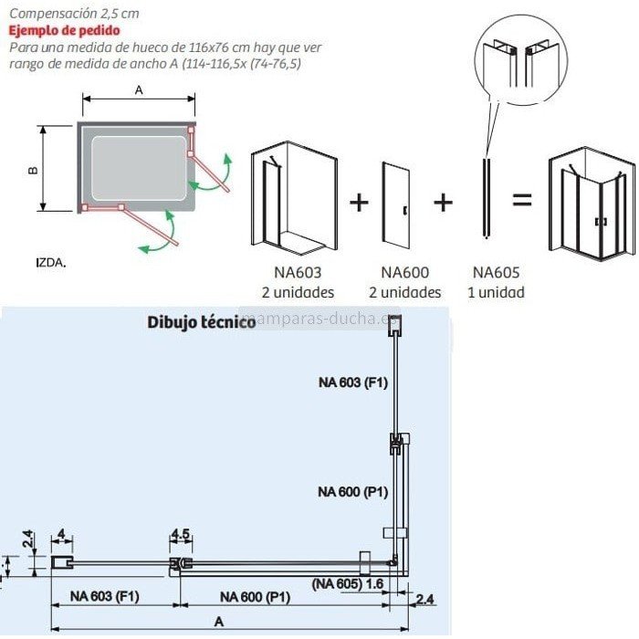 Mampara rectangular plegable más lateral fijo Nardi