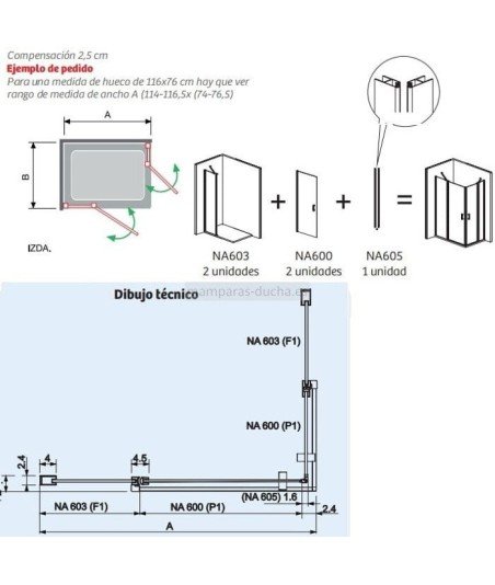 Mampara rectangular plegable más lateral fijo Nardi