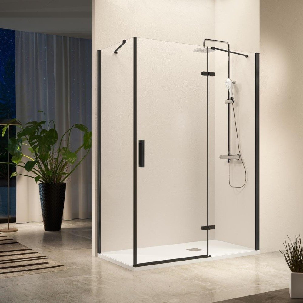 Mampara negra con puerta abatible y lateral fijo modelo ➤ NA408 05