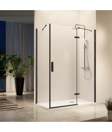 Mampara negra con puerta abatible y lateral fijo modelo ➤ NA408 05