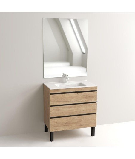 Mueble de baño 3 cajones color pardo | tirador y patas en negro