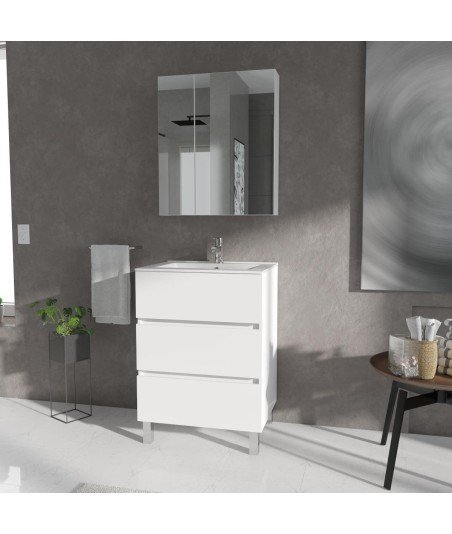 Mueble de baño blanco brillante | 3 cajones con patas Lans