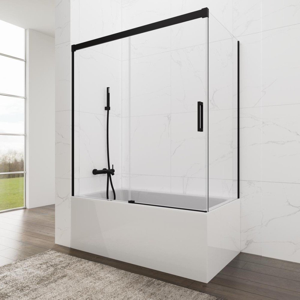 Mampara de bañera rectangular 2 fijos + 1 corredera ✅ En negro mate