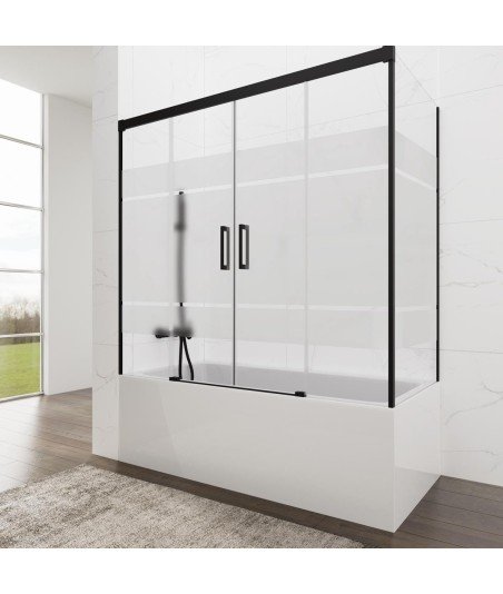 Mampara de bañera rectangular 3 fijos + 2 correderas ✅ En negro mate