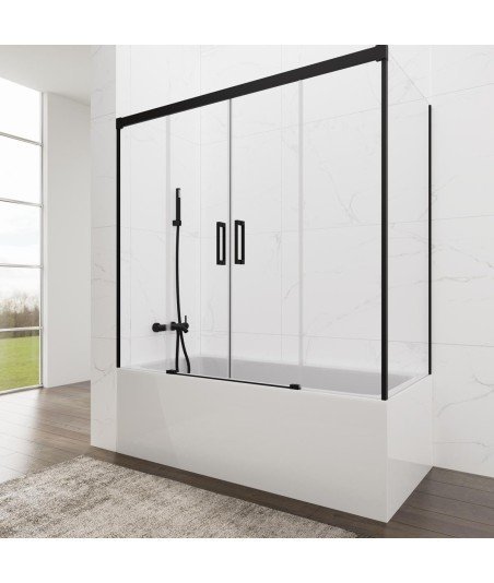 Mampara de bañera rectangular 3 fijos + 2 correderas ✅ En negro mate