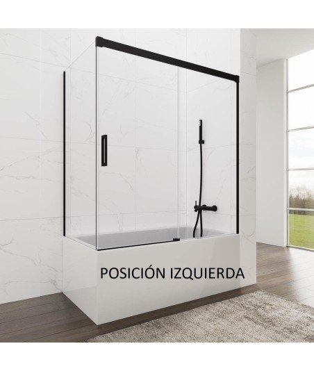 Mampara de bañera rectangular 3 fijos + 2 correderas ✅ En negro mate