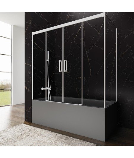 Mampara de bañera rectangular 3 fijos + 2 correderas ✅ En blanco mate