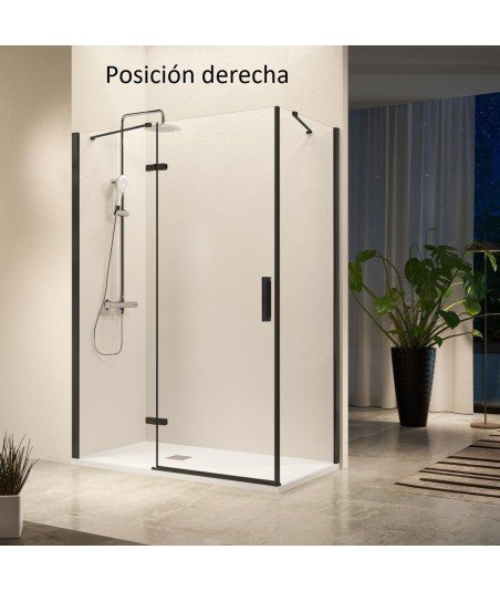 Mampara negra con puerta abatible y lateral fijo modelo ➤ NA408 05
