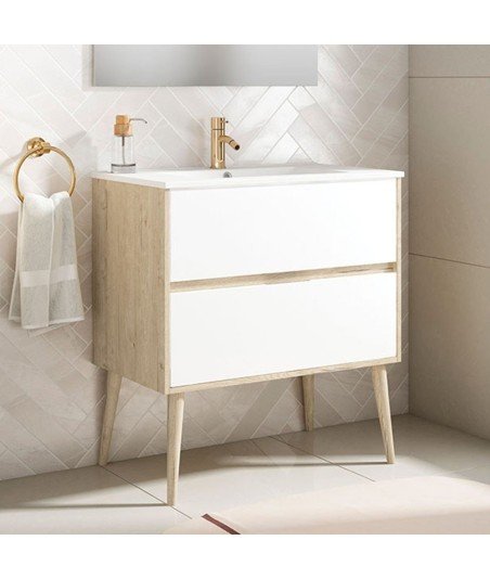 Pack Mueble de baño NORDIC Cajones 70 Roble Y Blanco Mate 2 Cajones
