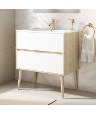 Mueble + Lavabo NORDIC Cajones 70 Roble Y Blanco Mate 2 Cajones