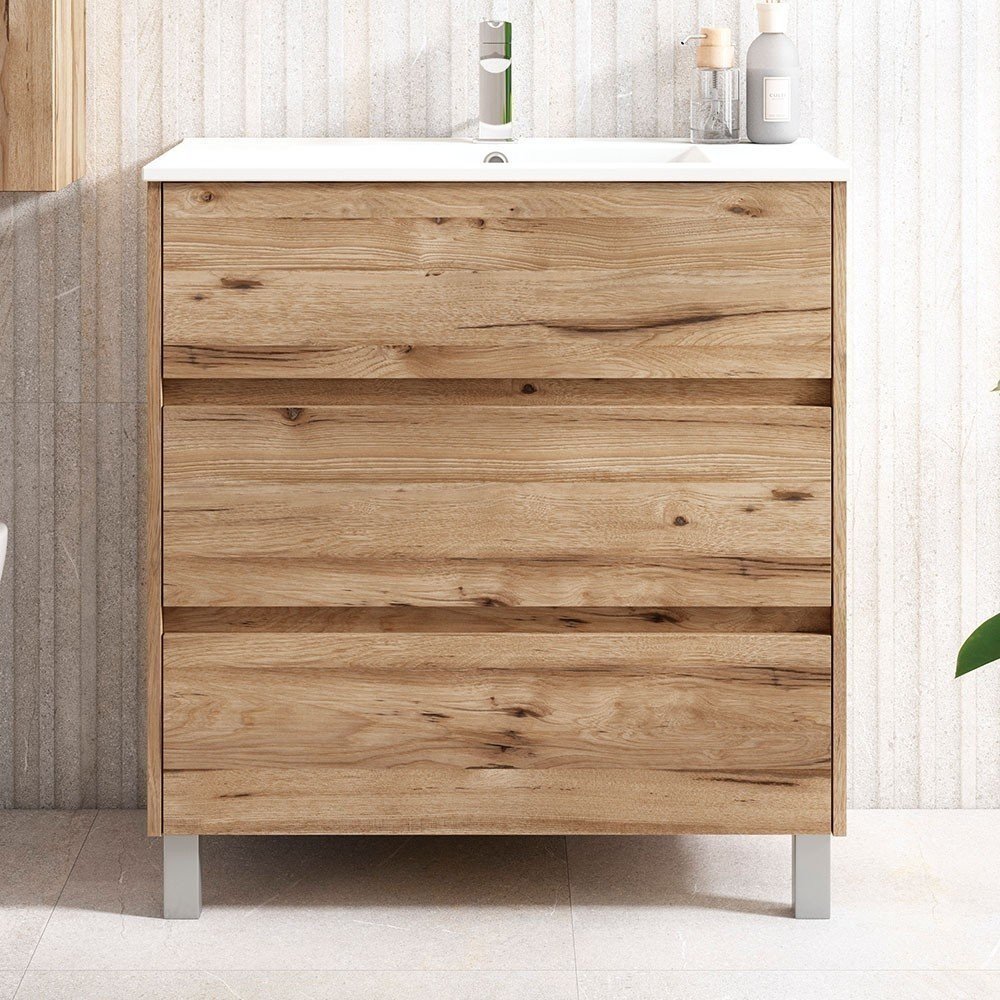 Mueble + Lavabo SIROCO 100 Teca Claro 3 Cajones