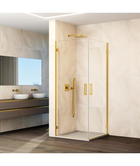 Mampara de ducha angular oro 2 puertas abatibles bisagras Glass
