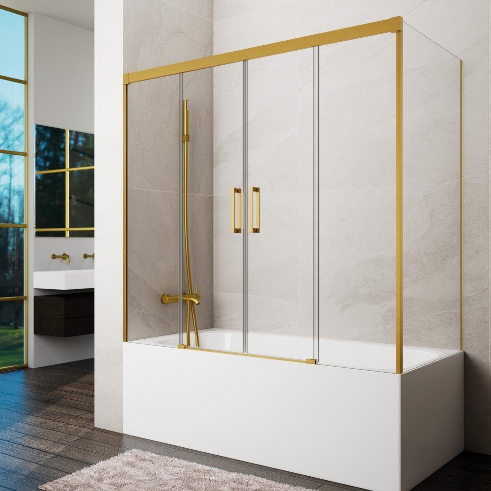 Mampara de bañera oro cepillado rectangular 3 fijos + 2 correderas Basic