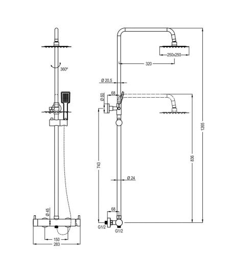 Columna Monomando Cuadrada Gun Metal Negra T 2 Vias