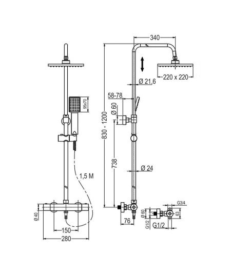 Columna Termostática Cuadrada Negra 83-120 Cm