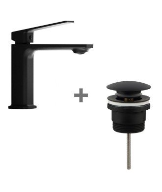 Pack Monomando Lavabo Negro mate Atica + Válvula Clic Clac Negra