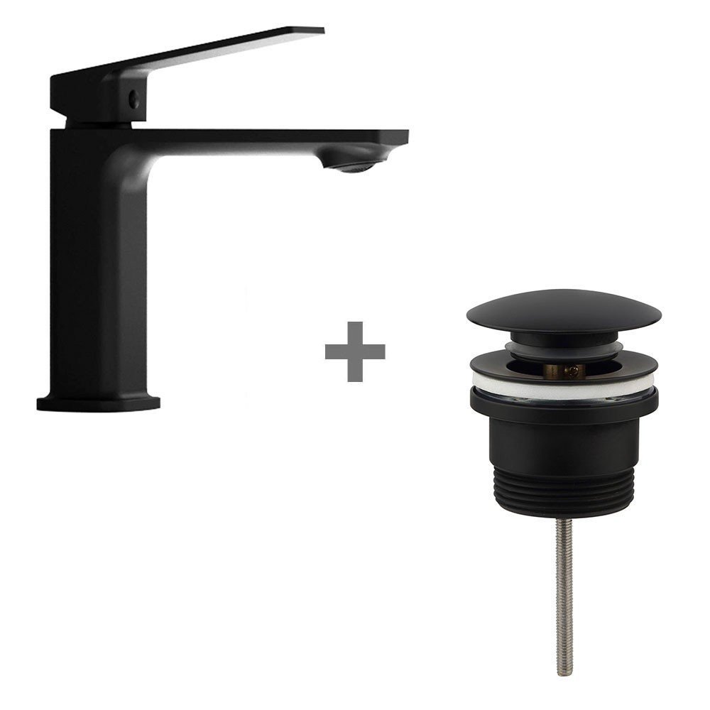 Pack Monomando Lavabo Negro mate Atica + Válvula Clic Clac Negra