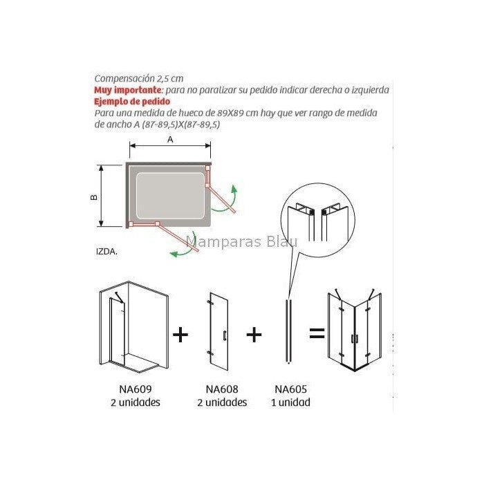 Mampara vértice 2 fijos y 2 puertas abatibles con bisagras