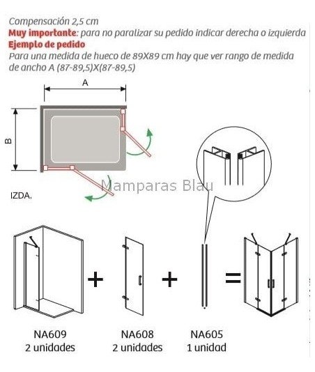 Mampara vértice 2 fijos y 2 puertas abatibles con bisagras