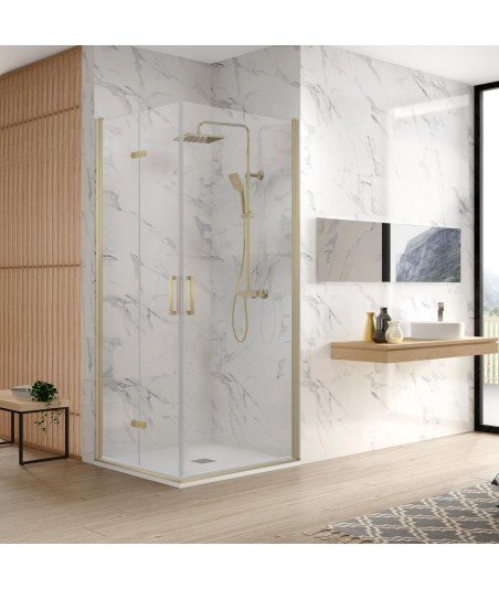 Mampara de ducha angular un lado plegable y otro abatible | oro