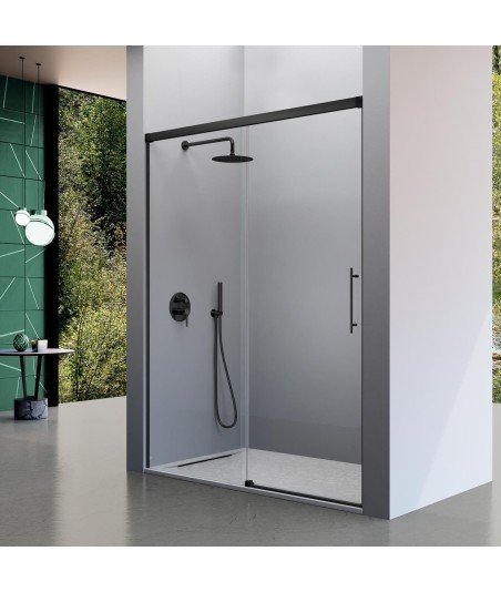 Mampara de ducha fijo más puerta corredera en negro Urban