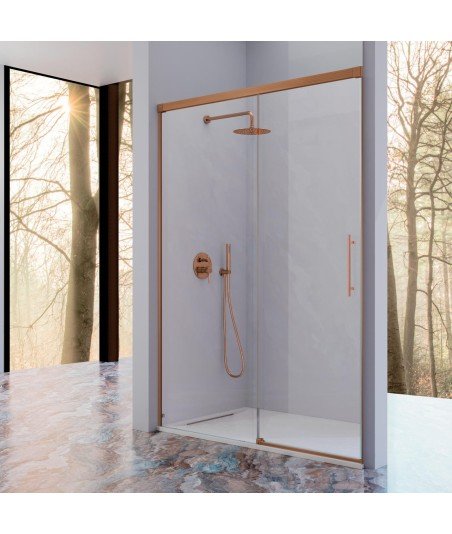 Mampara de ducha fijo más puerta corredera en bronce Urban