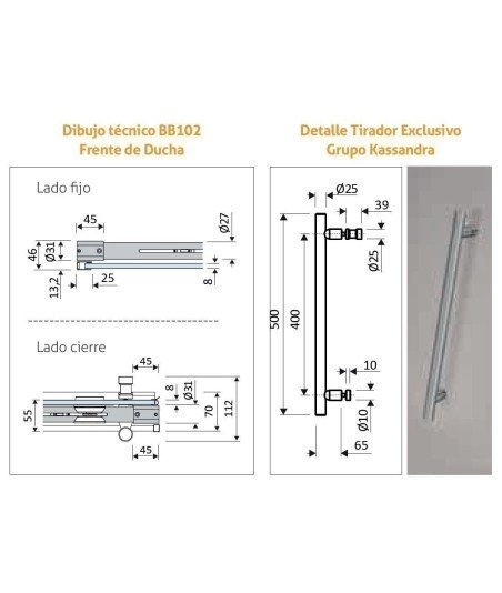 Mampara de ducha fijo más puerta corredera acero inox cepillado Babilon