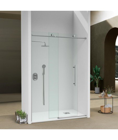Mampara de ducha fijo más puerta corredera acero inox cepillado Babilon