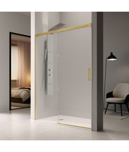 Mampara oro cepillado 1 fijo + 1 puerta corredera ✓ Glasé GS102