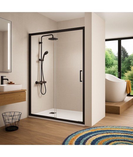Mampara de ducha negra fijo + puerta corredera Bella
