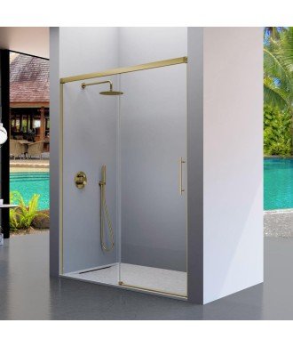 Mampara de ducha fijo más puerta corredera en oro cepillado Urban
