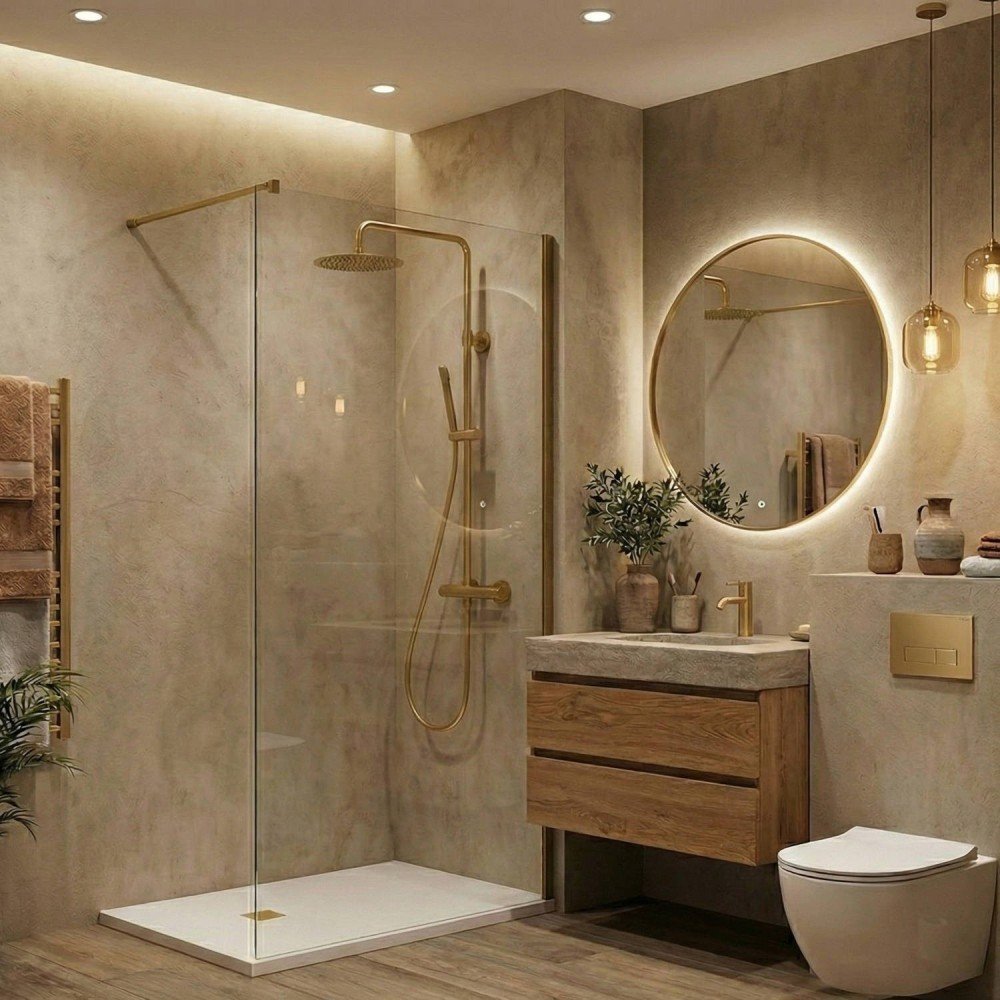 Mampara de ducha un vidrio fijo en color oro cepillado luxe minimal