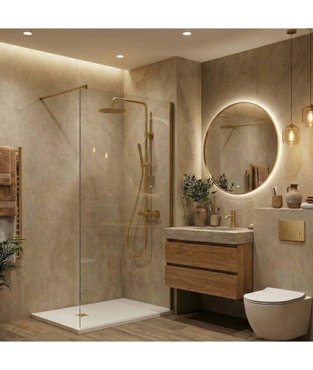 Mampara de ducha un vidrio fijo en color oro cepillado luxe minimal