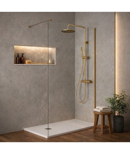 Mampara de ducha un vidrio fijo en color oro cepillado luxe minimal