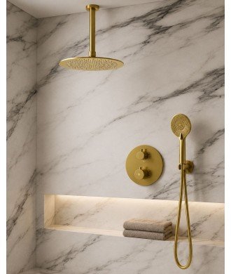 Ducha termostática redonda empotrada oro cepillado Round IO