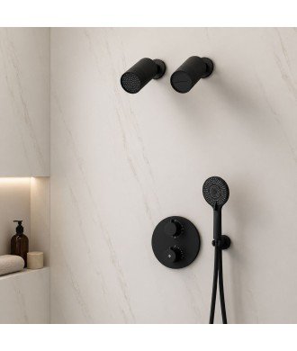 Ducha termostática empotrada pared negra lluvia y cascada Round IO
