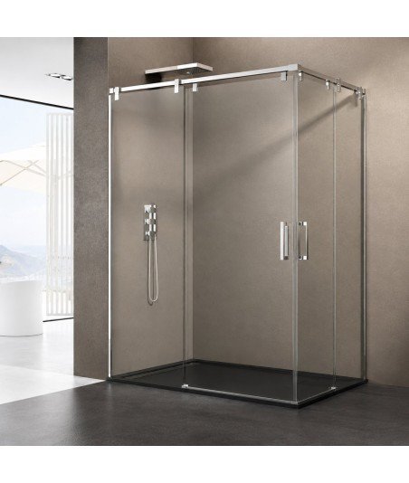 Mampara ducha angular 2 fijos más 2 correderas【Acero inoxidable】