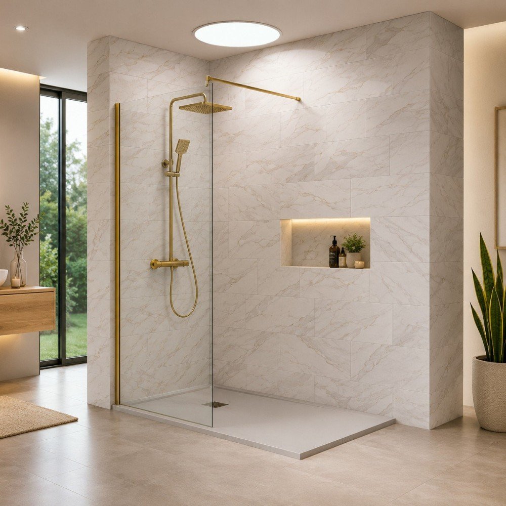 Mampara de ducha fija en color oro cepillado | Envío gratis