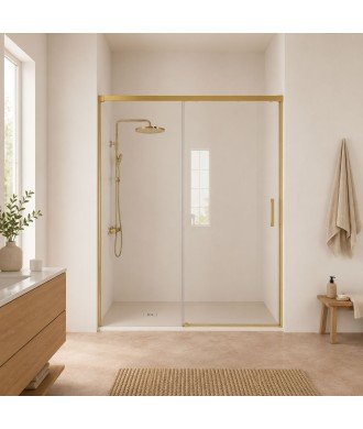 Mampara de ducha oro cepillado fijo más puerta corredera Treban
