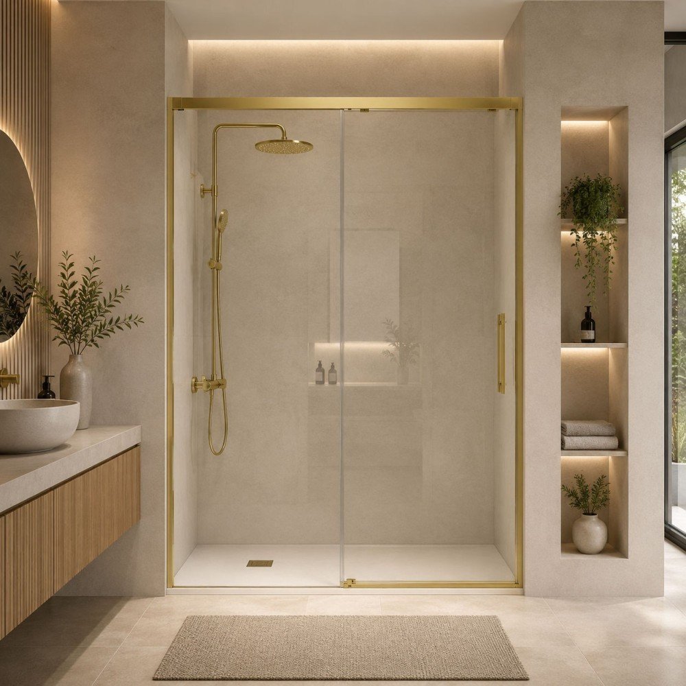 Mampara de ducha fijo más puerta corredera en oro cepillado Urban