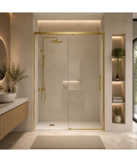 Mampara de ducha fijo más puerta corredera en oro cepillado Urban