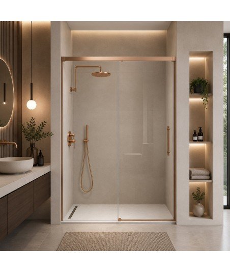 Mampara de ducha fijo más puerta corredera en bronce Urban