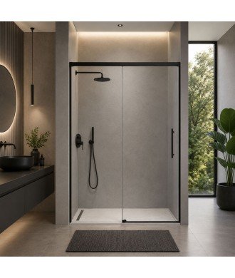 Mampara de ducha fijo más puerta corredera en negro Urban