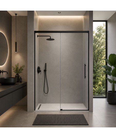 Mampara de ducha fijo más puerta corredera en negro Urban